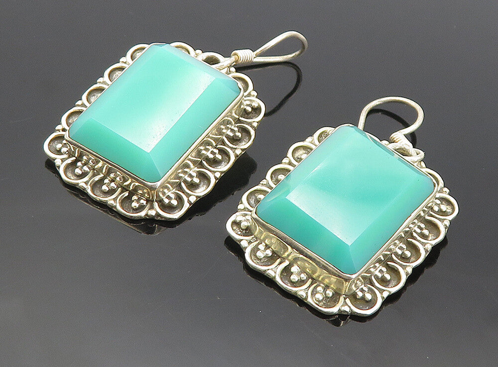 925 Sterling Silver Vintage Faceted Chalcedony Floral Dangle Earrings EG3888