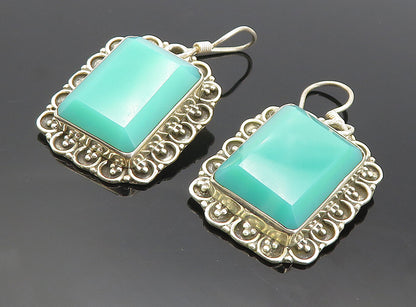 925 Sterling Silver Vintage Faceted Chalcedony Floral Dangle Earrings EG3888
