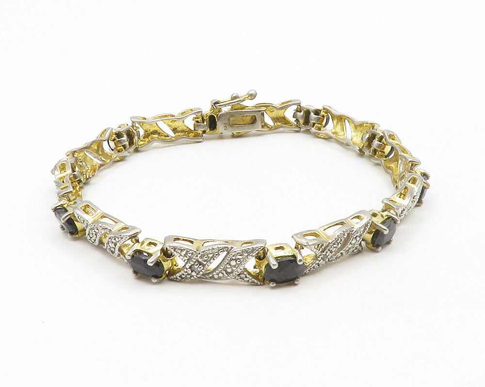 925 Sterling Silver  Sapphire & Genuine Diamonds 2 Tone Chain Bracelet  BT5116