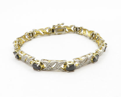 925 Sterling Silver  Sapphire & Genuine Diamonds 2 Tone Chain Bracelet  BT5116