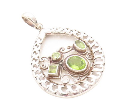 925 Sterling Silver Vintage Pendant Designer Swirly Cutout Peridot  PT23759