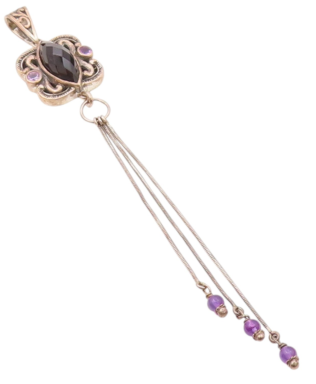 925 Sterling Silver  Vintage Black Spinel & Amethyst Swirl Pendant  PT18492