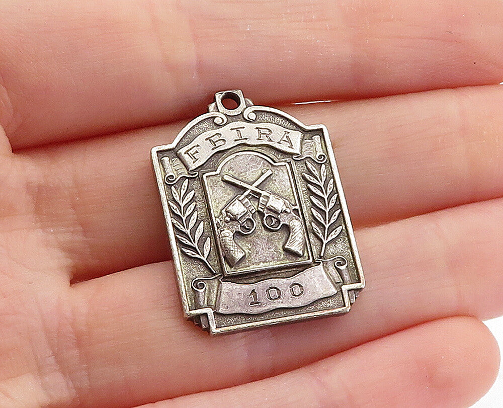 925 Sterling Silver  Vintage Antique FBIRA Guns Floral Leaf Pendant  PT4081