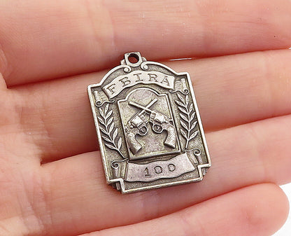 925 Sterling Silver  Vintage Antique FBIRA Guns Floral Leaf Pendant  PT4081