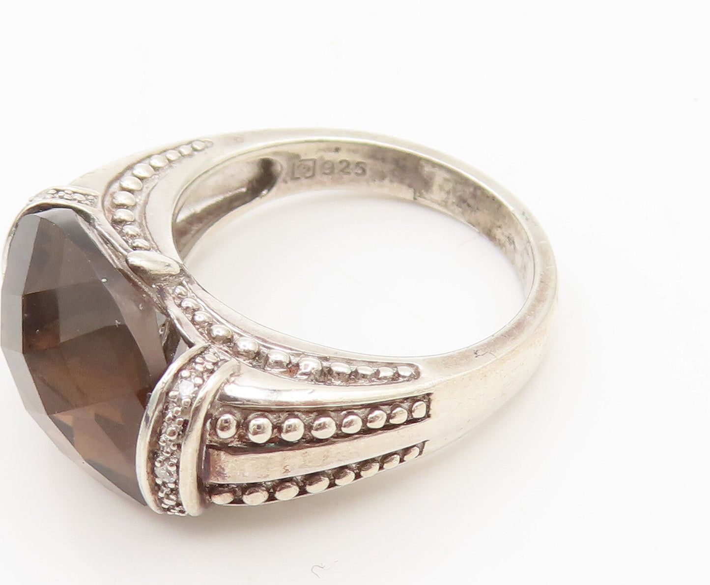 925 Silver  Vintage Smokey Quartz Carved Diamond Beaded Ring Sz 7  RG26970