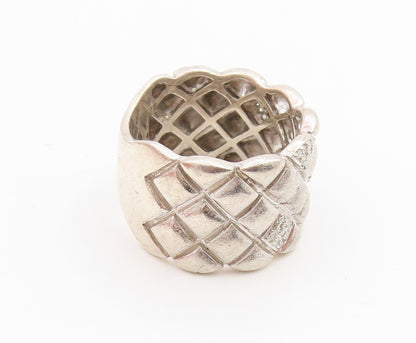 925 Sterling Silver Vintage Ring Real Diamonds Quilted Dome Band Sz 8.5 RG35742