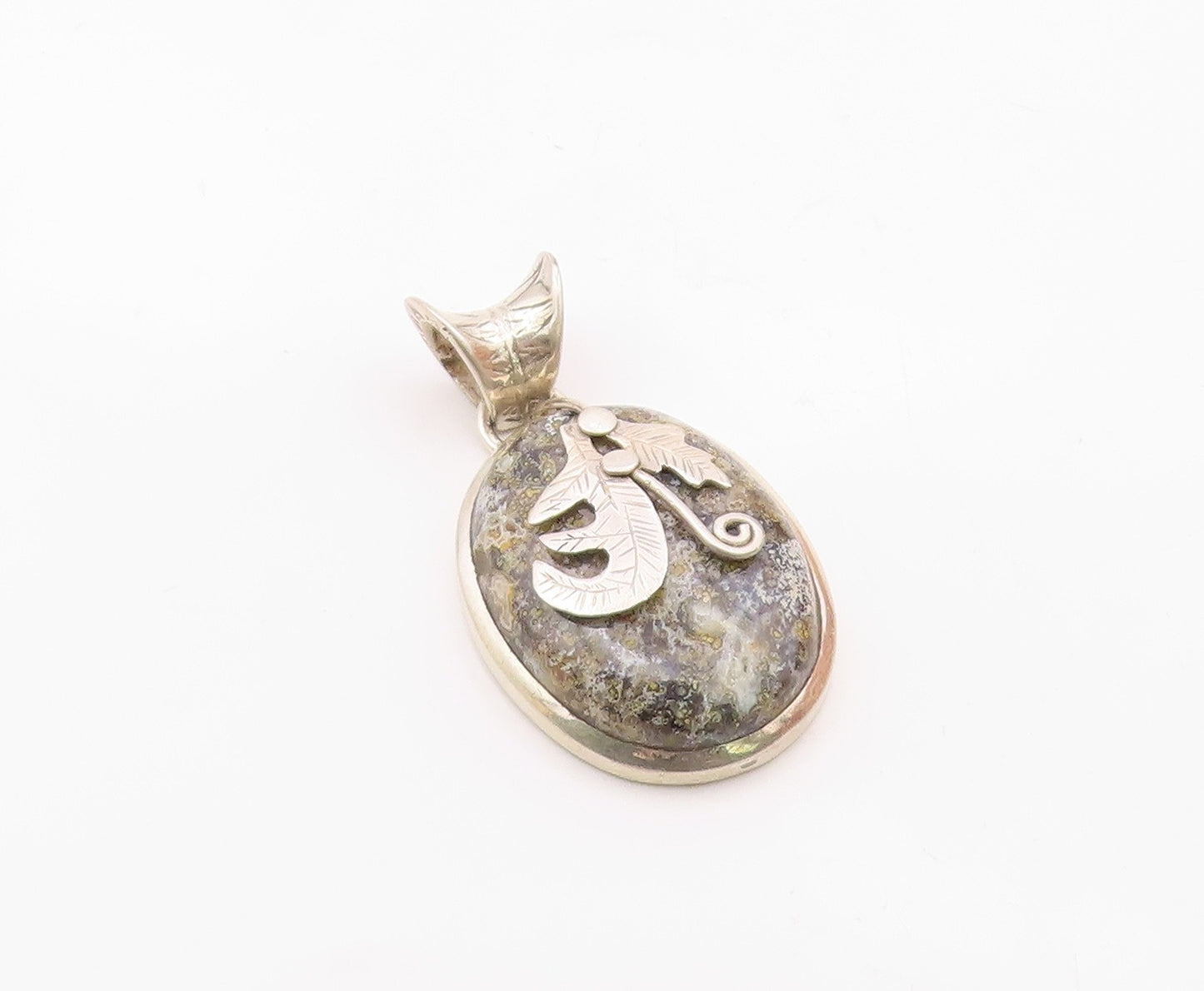925 Sterling Silver  Vintage Cabochon Cut Jasper Floral Leaf Pendant  PT7915