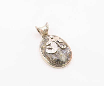 925 Sterling Silver  Vintage Cabochon Cut Jasper Floral Leaf Pendant  PT7915