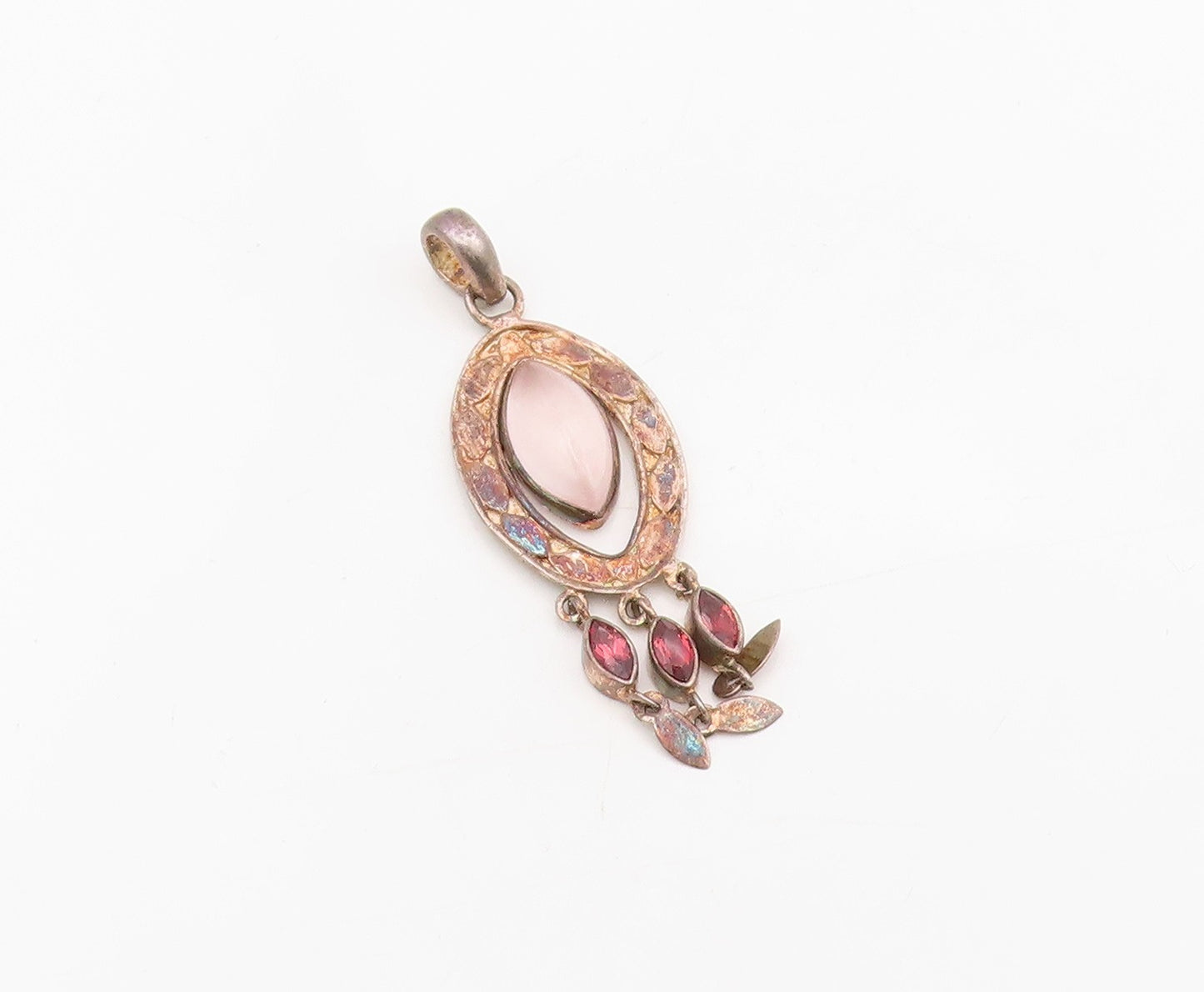 925 Sterling Silver Vintage Pendant Cabochon Rose Quartz Bohemian Dangle PT25573