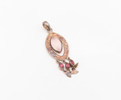 925 Sterling Silver Vintage Pendant Cabochon Rose Quartz Bohemian Dangle PT25573