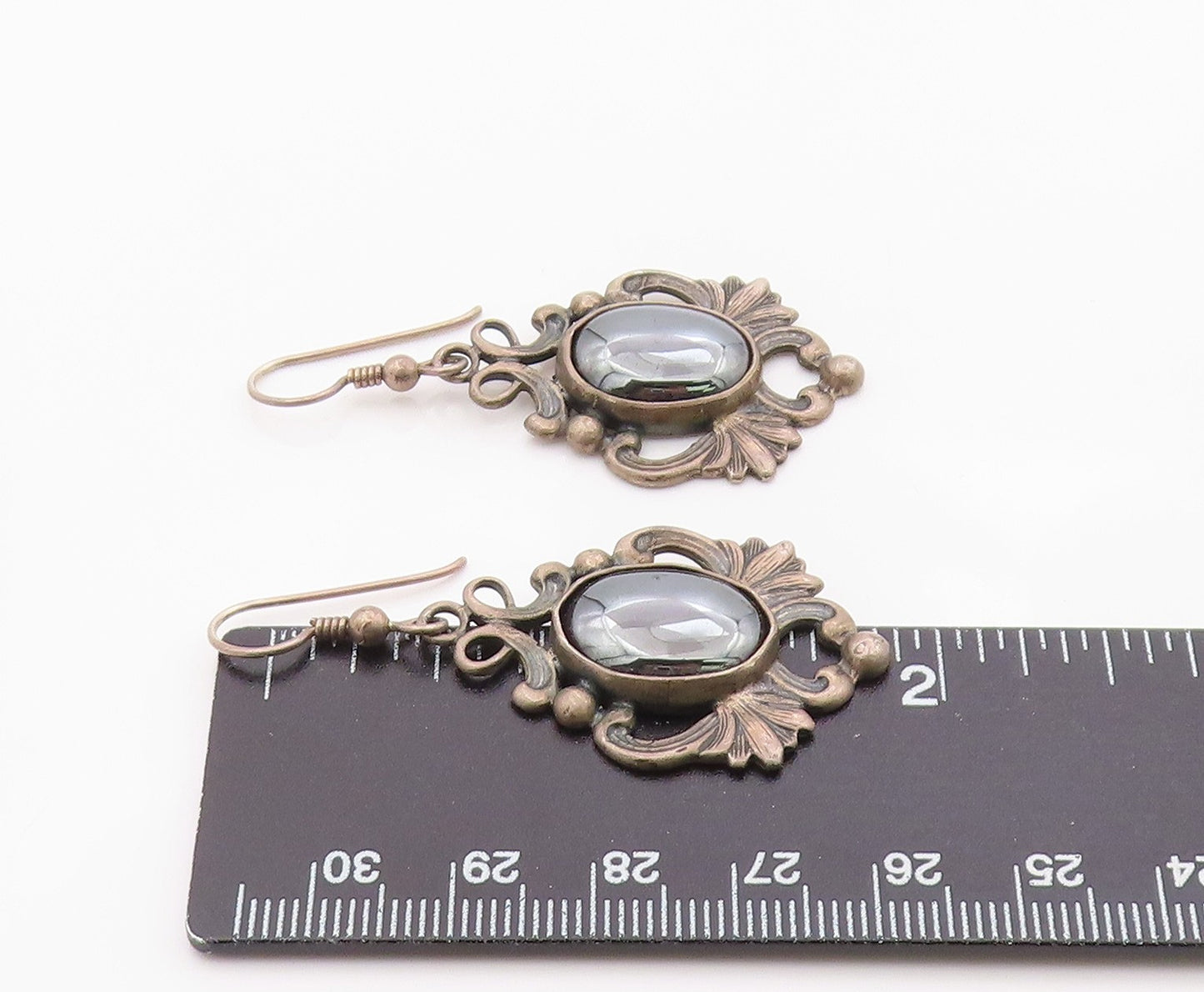 925 Sterling Silver Vintage Earrings Classic Hematite Scrollwork Dangle  EG14384