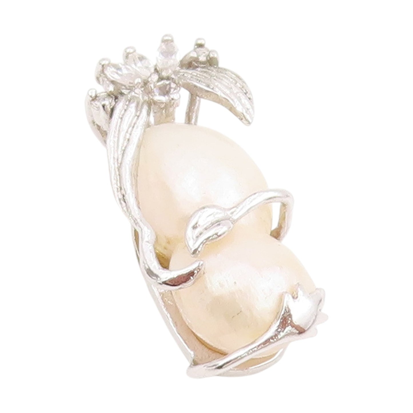 925 Sterling Silver Vintage Pendant Classic Twin Pearl CZ Floral Charm  PT25536