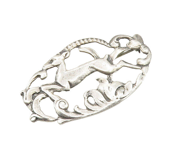 925 Sterling Silver  Vintage Antique Prancing Gazelle Scene Brooch Pin  BP6792