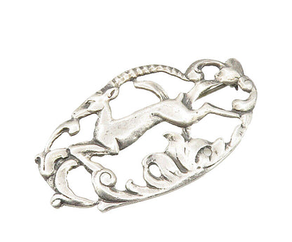 925 Sterling Silver  Vintage Antique Prancing Gazelle Scene Brooch Pin  BP6792