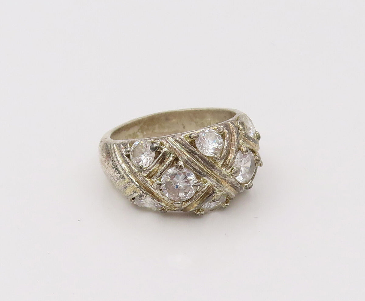 925 Silver  Vintage Roped Square Grid With CZ Broad Band Ring Sz 8.75  RG26635