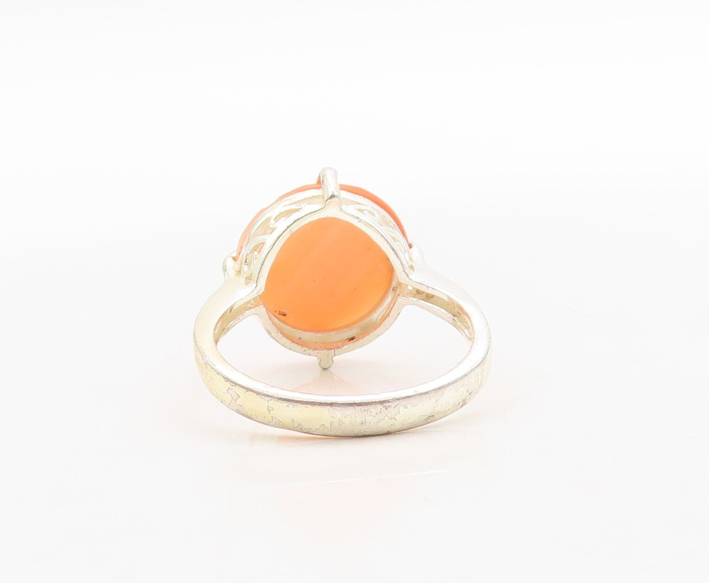 925 Sterling Silver Vintage Ring Round Cut Orange Cat's Eye  Sz 8  RG31325