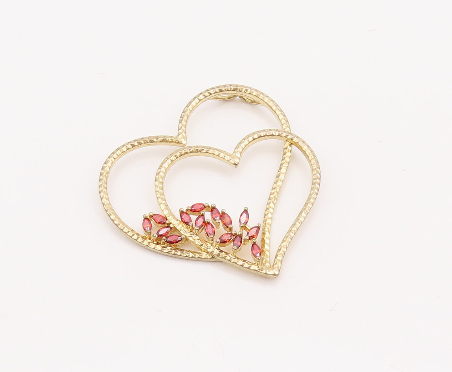 925 Sterling Silver Vintage Pendant Gold Plated Red CZ Cutout 2 Hearts   PT23092