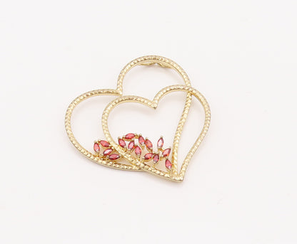 925 Sterling Silver Vintage Pendant Gold Plated Red CZ Cutout 2 Hearts   PT23092