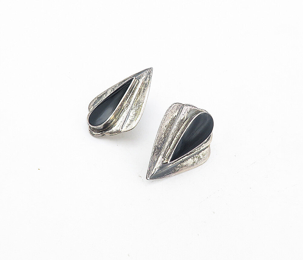 925 Sterling Silver Vintage Inlaid Black Onyx Dark Tone Drop Earrings EG4226