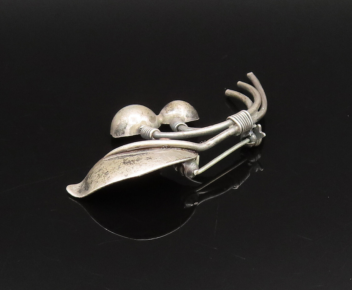 DRAGSTED DENMARK 925 Silver  Vintage Bead & Leaf Stem Brooch Pin  BP9806