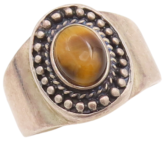925 Sterling Silver Vintage Ring MEXICO Tiger's Eye Halo Beaded  Sz 11.5 RG28688