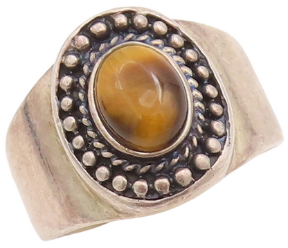 925 Sterling Silver Vintage Ring MEXICO Tiger's Eye Halo Beaded  Sz 11.5 RG28688