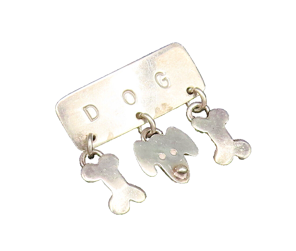 A&J HARVEY 925 Silver  Vintage Engraved Dog & Bones Charm Brooch Pin  BP9722