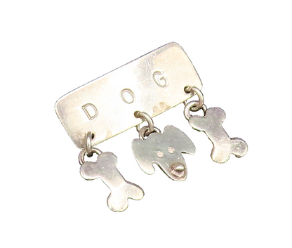 A&J HARVEY 925 Silver  Vintage Engraved Dog & Bones Charm Brooch Pin  BP9722