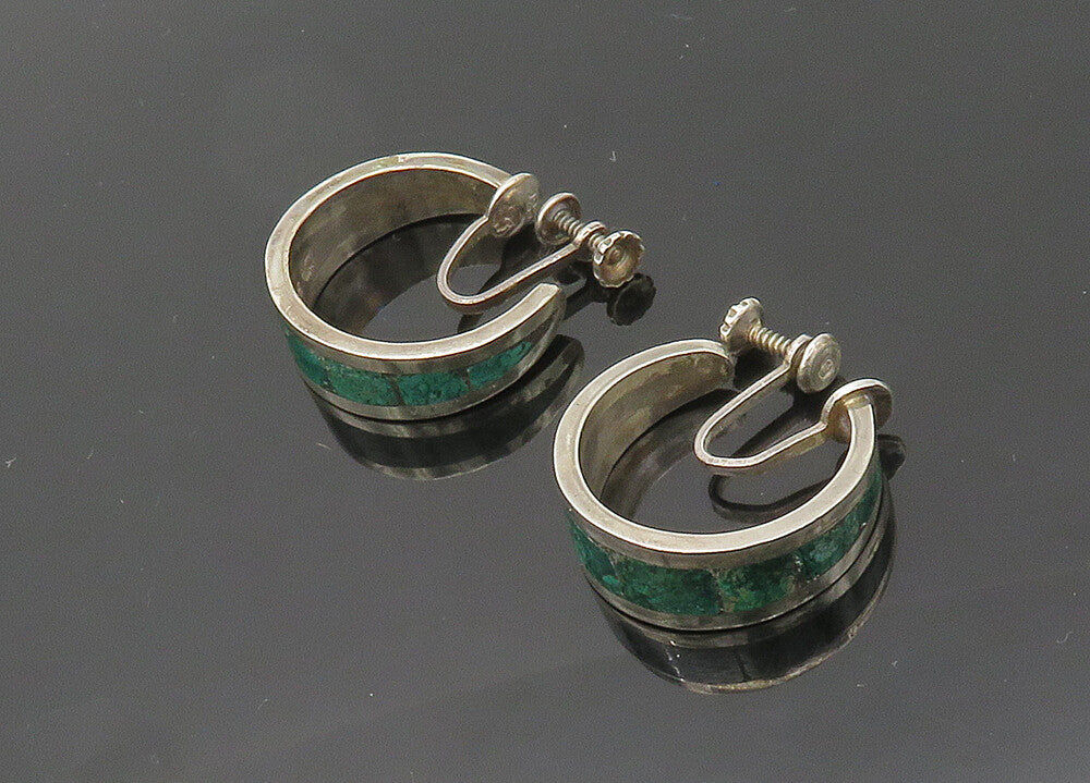 MEXICO 925 Silver  Vintage Inlaid Turquoise Non Pierce Hoop Earrings  EG10019