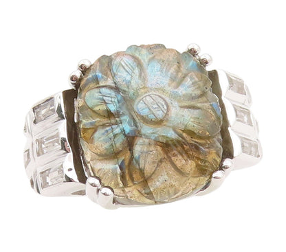 925 Sterling Silver Vintage Ring Carved Gemstone & CZ Band  Sz 6.5  RG34177