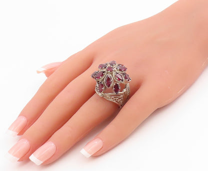 925 Sterling Silver Vintage Ring Amethyst Openwork Flower Band  Sz 8  RG35644