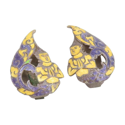 925 Sterling Silver Vintage Earrings SIAM Enameled Kinnari Dancer Clips  EG13713