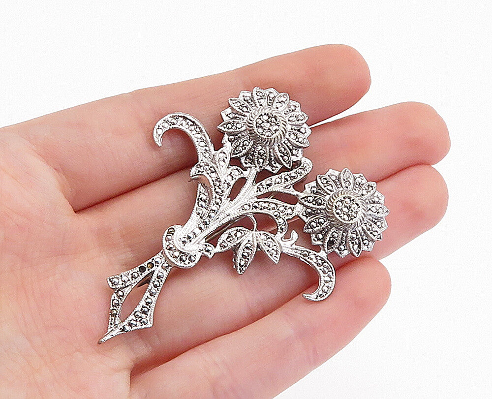 925 Sterling Silver  Sparkling Tied Flower Bouquet Motif Brooch Pin  BP1792