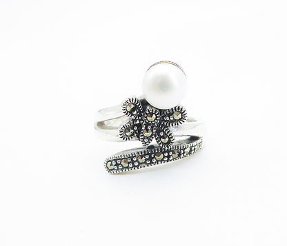 925 Sterling Silver  Pearl & Marcasite Butterfly Bypass Band Ring Sz 8  RG8252