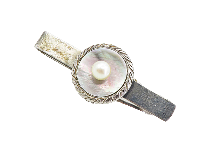 925 Sterling Silver  Vintage Mother Of Pearl & Petite Pearl Tie Clip  TR1548