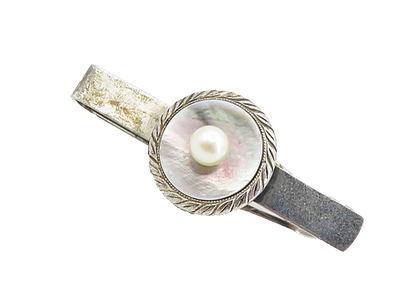 925 Sterling Silver  Vintage Mother Of Pearl & Petite Pearl Tie Clip  TR1548