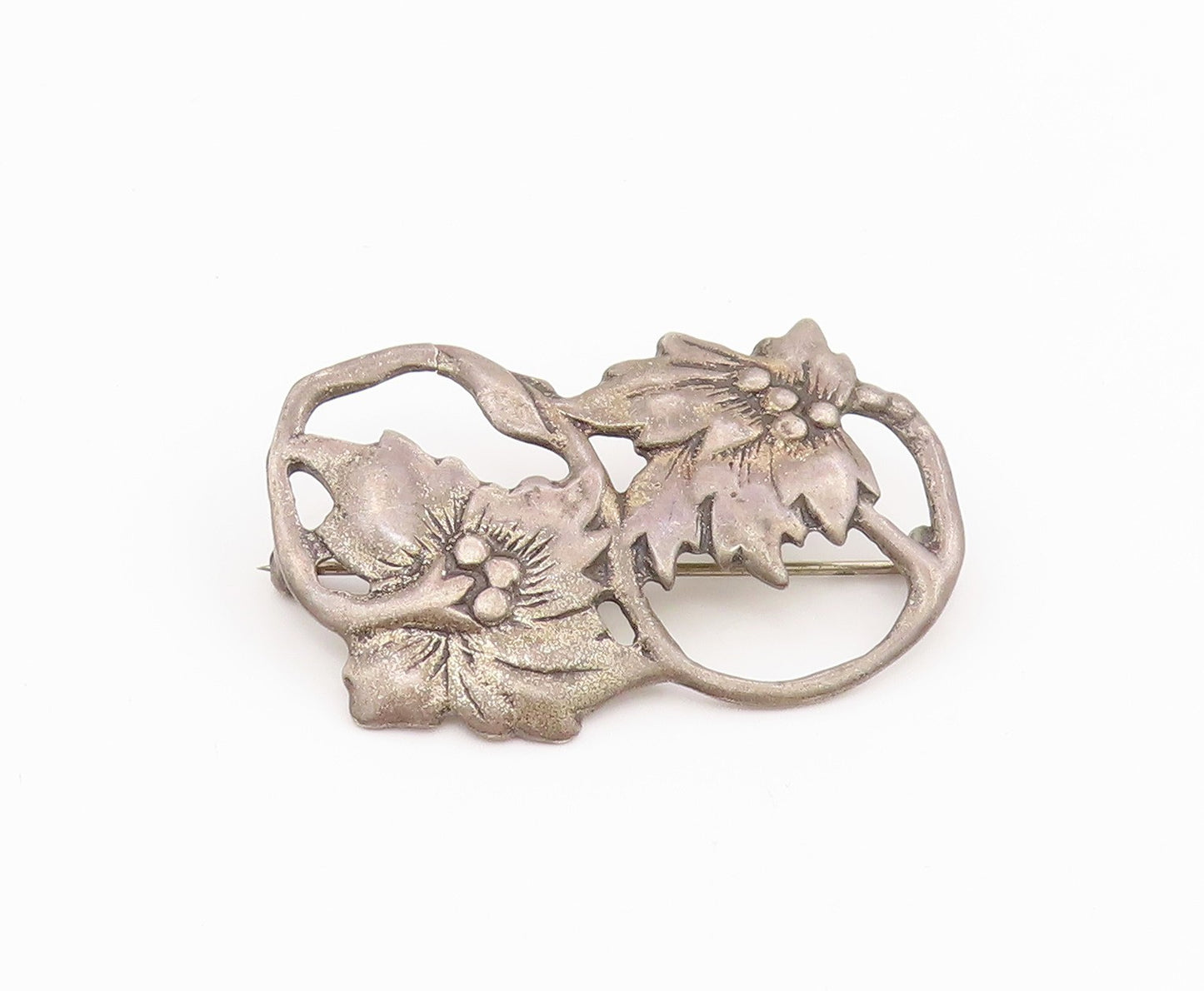 925 Sterling Silver Vintage Brooch Pin Openwork Floral Botanical Leaf  BP12163