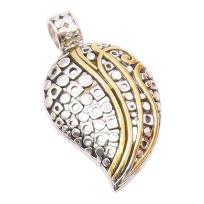 925 Sterling Silver  Shiny Two Tone Swirl Detail Floral Leaf Pendant  PT8502