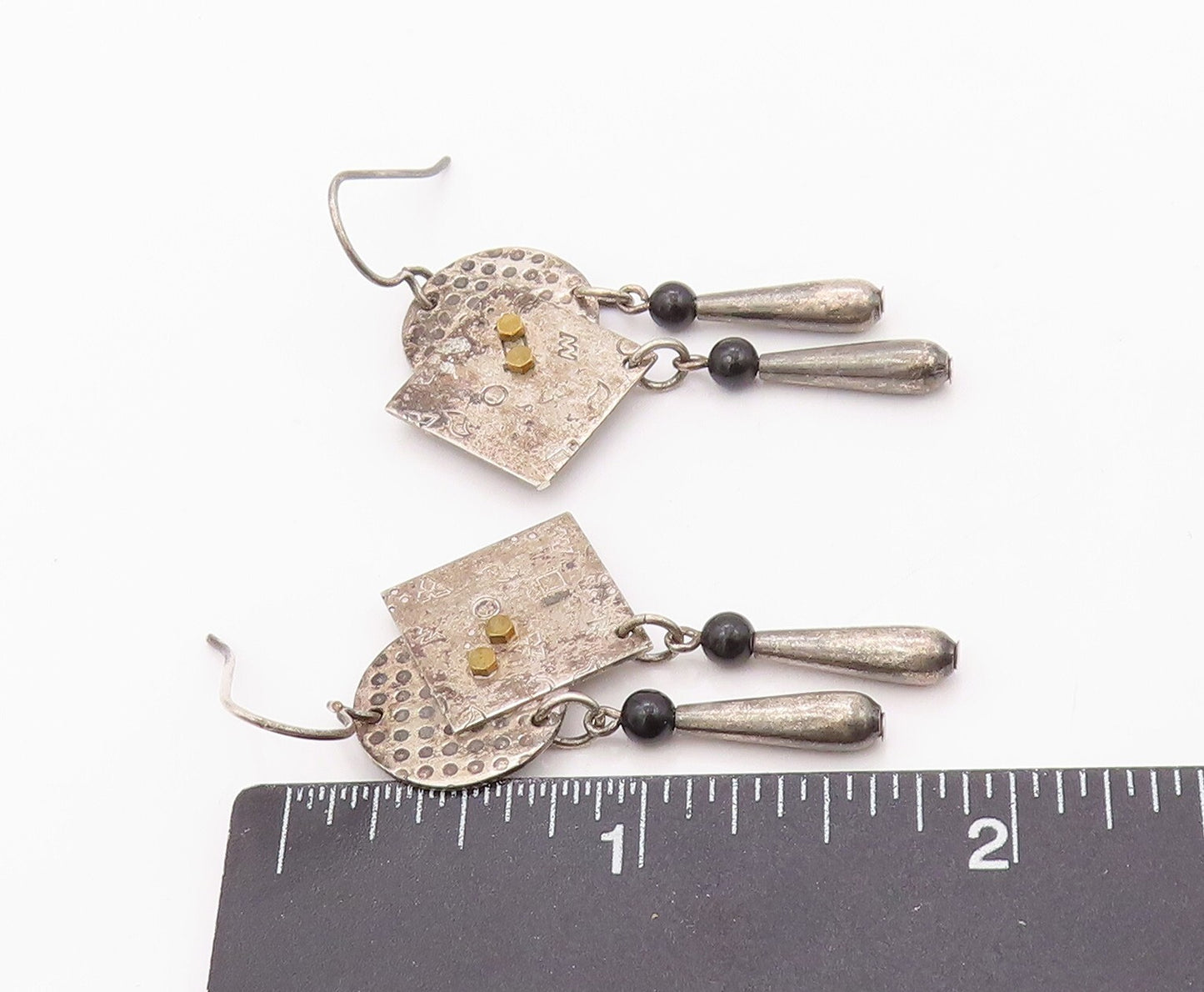 925 Sterling Silver Vintage Earrings Modernist Dark Tone Square & Circle EG13451