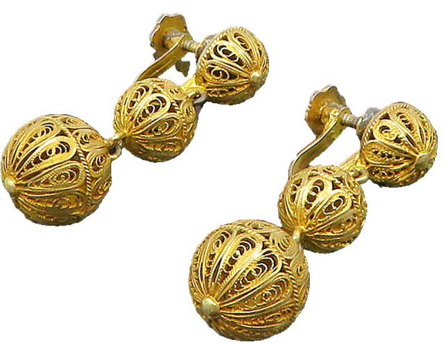 925 Sterling Silver  Vintage Triple Sphere Filigree Dangle Earrings  EG11490