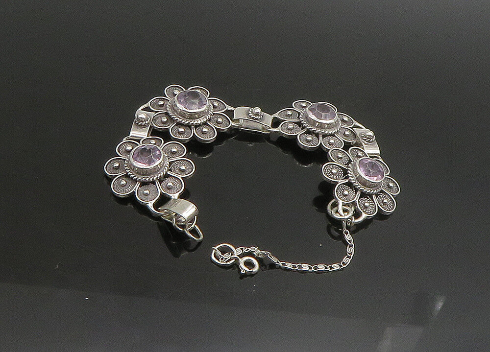 925 Sterling Silver  Vintage Amethyst Flower Motif Chain Bracelet  BT9080