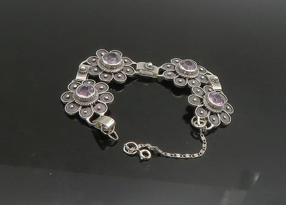 925 Sterling Silver  Vintage Amethyst Flower Motif Chain Bracelet  BT9080