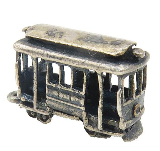925 Sterling Silver  Vintage Petite Dark Tone Trolley Car Drop Pendant  PT9246