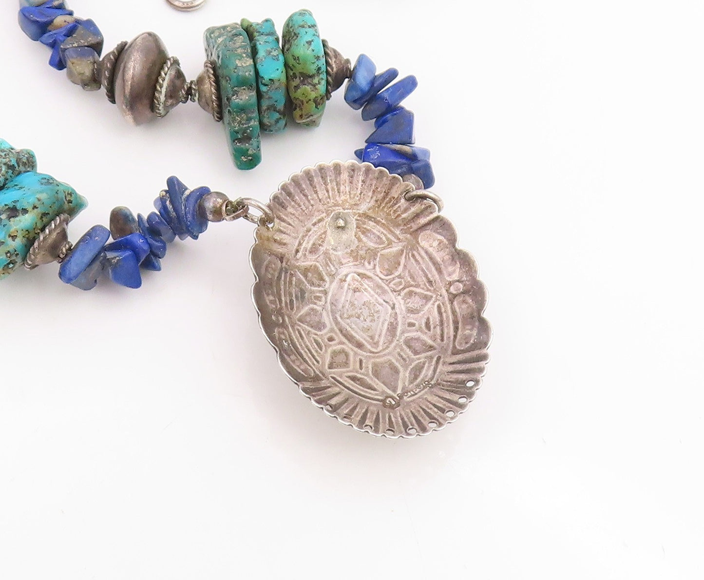 925 Sterling Silver Vintage Necklace SOUTHWESTERN Lapis Lazuli Bead Chain NE4786