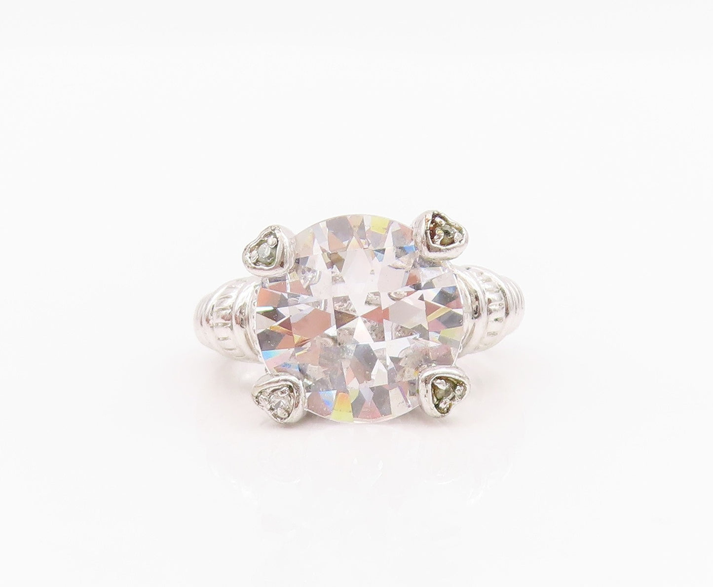 925 Sterling Silver Vintage Ring Roped Grooved Round Cut CZ  Sz 7  RG33093