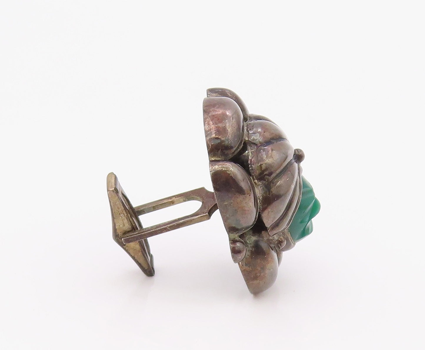 MEXICO 925 Sterling Silver Vintage Carved Warrior Green Onyx Cuff Links  TR3459