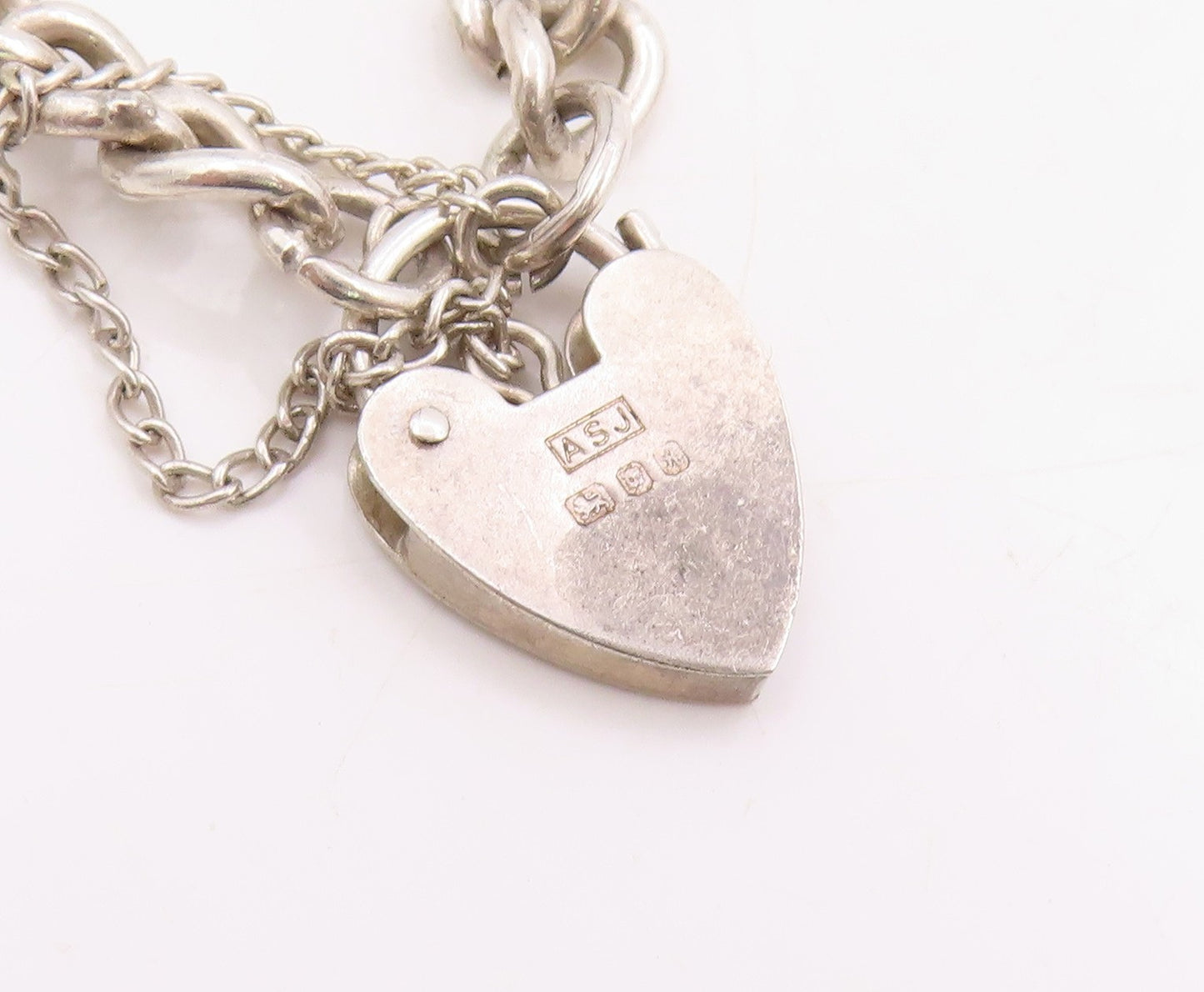 925 Sterling Silver Vintage Bracelet ENGLAND Heart Padlock & Bell Charm  BT11444