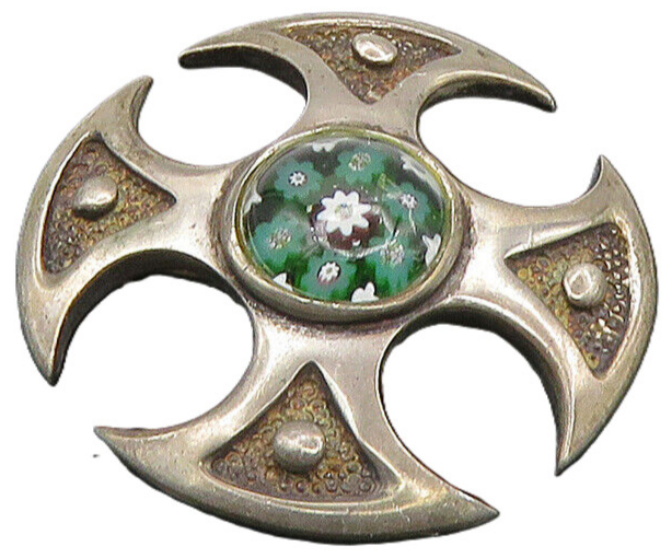 ENGLAND 925 Silver  Vintage Floral Millefiori Murano Glass Brooch Pin  BP9233