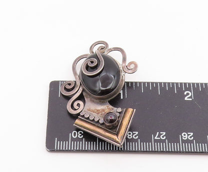14k Gold & 925 Sterling Silver Vintage Brooch Pin Onyx & Garnet Women  BP12419