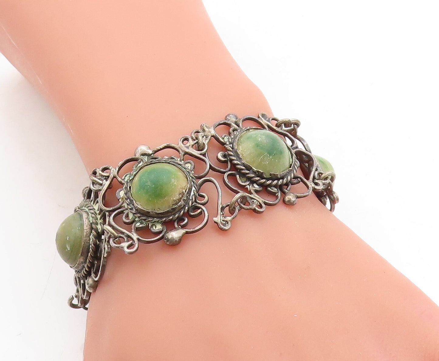 MEXICO 925 Silver  Vintage Antique Jasper Floral Twist Chain Bracelet  BT1530